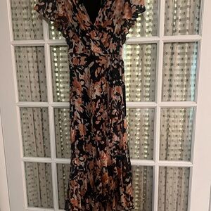 Tanya Taylor Black Floral Wrap Maxi with Rust and Cream Accents